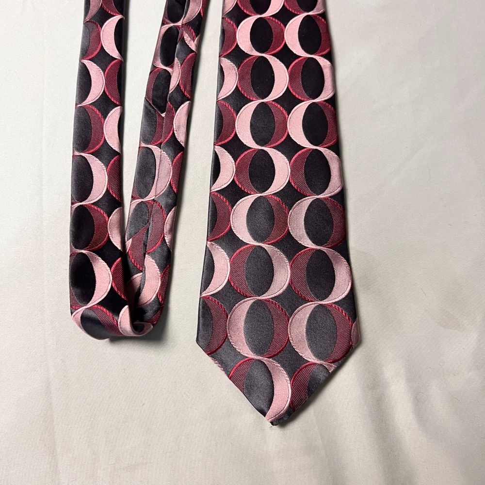 Murano Italia Men Silk Necktie Pink Burgundy Grey Geometric Circle Pattern Artsy